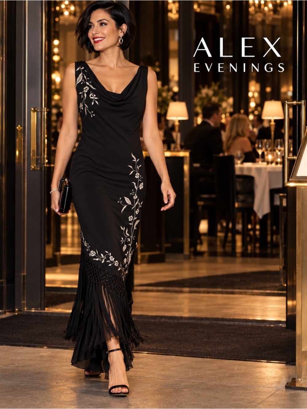 🌸Alex Evenings Black Maxi Fringe Dress Floral Embroidery size 10 Formal Cocktail